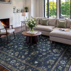  Vintage Floral Rugs for Living Room, Washable 8x10 Area Rugs, Low Pile Non Shedding Stain Resistant Rugs for Bedroom Dining Room Home Office Department,(Blue,8x10)