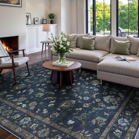  Vintage Floral Rugs for Living Room, Washable 8x10 Area Rugs, Low Pile Non Shedding Stain Resistant Rugs for Bedroom Dining Room Home Office Department,(Blue,8x10)