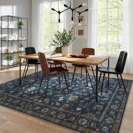  Vintage Floral Rugs for Living Room, Washable 8x10 Area Rugs, Low Pile Non Shedding Stain Resistant Rugs for Bedroom Dining Room Home Office Department,(Blue,8x10)