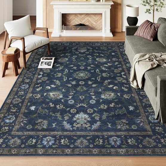  Vintage Floral Rugs for Living Room, Washable 8x10 Area Rugs, Low Pile Non Shedding Stain Resistant Rugs for Bedroom Dining Room Home Office Department,(Blue,8x10)