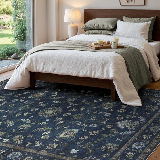  Vintage Floral Rugs for Living Room, Washable 8x10 Area Rugs, Low Pile Non Shedding Stain Resistant Rugs for Bedroom Dining Room Home Office Department,(Blue,8x10)