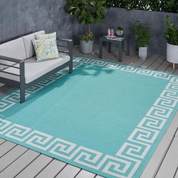 7'10" x 10' Area Rug, Greek Key Border, Chic Border Design for Sophisticated Indoor and Outdoor Ambience, Aqua White