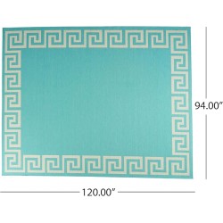 7'10" x 10' Area Rug, Greek Key Border, Chic Border Design for Sophisticated Indoor and Outdoor Ambience, Aqua White