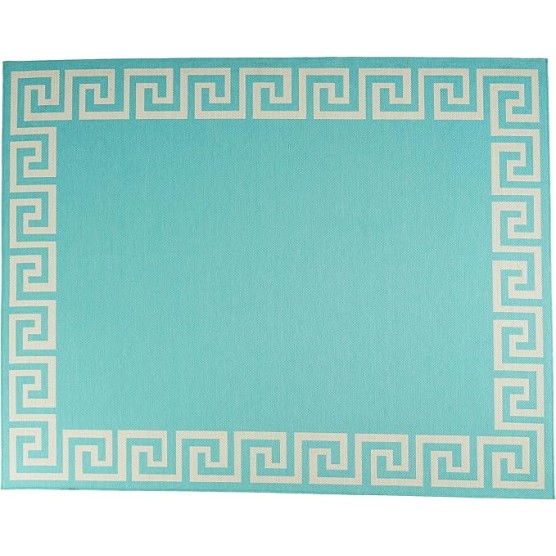 7'10" x 10' Area Rug, Greek Key Border, Chic Border Design for Sophisticated Indoor and Outdoor Ambience, Aqua White
