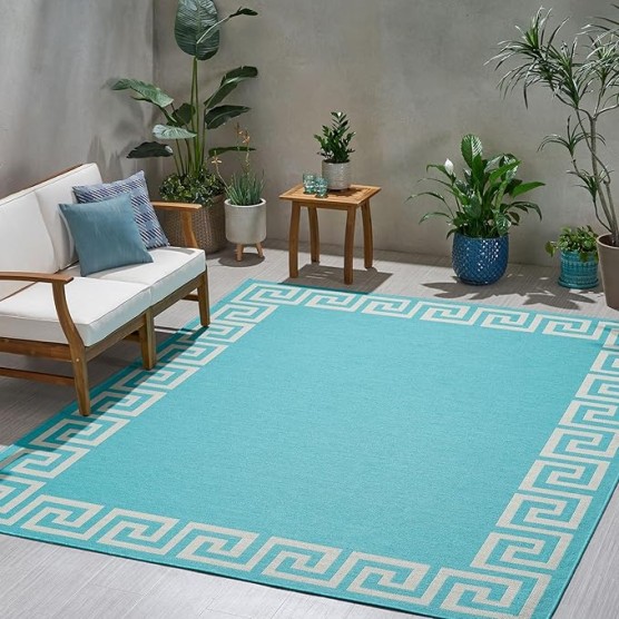 7'10" x 10' Area Rug, Greek Key Border, Chic Border Design for Sophisticated Indoor and Outdoor Ambience, Aqua White