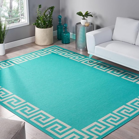 7'10" x 10' Area Rug, Greek Key Border, Chic Border Design for Sophisticated Indoor and Outdoor Ambience, Aqua White