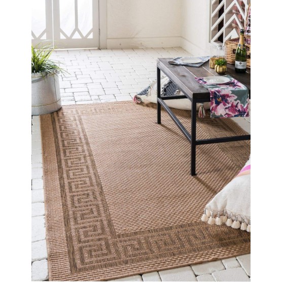 Outdoor Border Collection Area Rug - Greek Key (8' x 11' 4" Rectangle, Light Brown/ Tan)