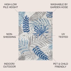 Tropics Palm Leaves Indoor Outdoor Area-Rug Bohemian Floral Easy-Cleaning High Traffic Bedroom Kitchen Backyard Patio Porch Non Shedding, 8 X 10, Gray/Blue