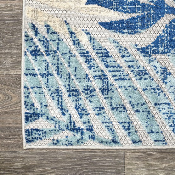 Tropics Palm Leaves Indoor Outdoor Area-Rug Bohemian Floral Easy-Cleaning High Traffic Bedroom Kitchen Backyard Patio Porch Non Shedding, 8 X 10, Gray/Blue