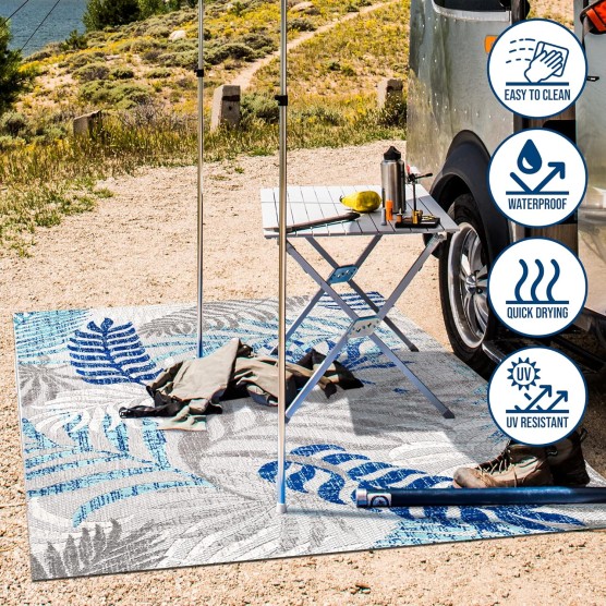 Tropics Palm Leaves Indoor Outdoor Area-Rug Bohemian Floral Easy-Cleaning High Traffic Bedroom Kitchen Backyard Patio Porch Non Shedding, 8 X 10, Gray/Blue