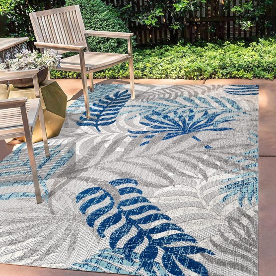 Tropics Palm Leaves Indoor Outdoor Area-Rug Bohemian Floral Easy-Cleaning High Traffic Bedroom Kitchen Backyard Patio Porch Non Shedding, 8 X 10, Gray/Blue