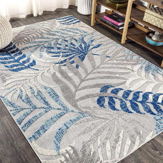 Tropics Palm Leaves Indoor Outdoor Area-Rug Bohemian Floral Easy-Cleaning High Traffic Bedroom Kitchen Backyard Patio Porch Non Shedding, 8 X 10, Gray/Blue