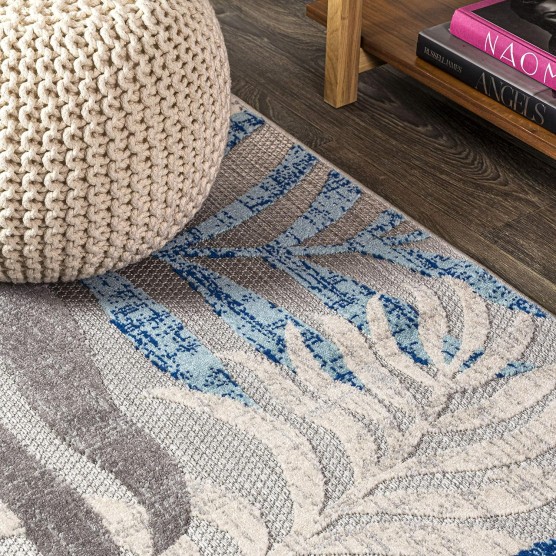 Tropics Palm Leaves Indoor Outdoor Area-Rug Bohemian Floral Easy-Cleaning High Traffic Bedroom Kitchen Backyard Patio Porch Non Shedding, 8 X 10, Gray/Blue