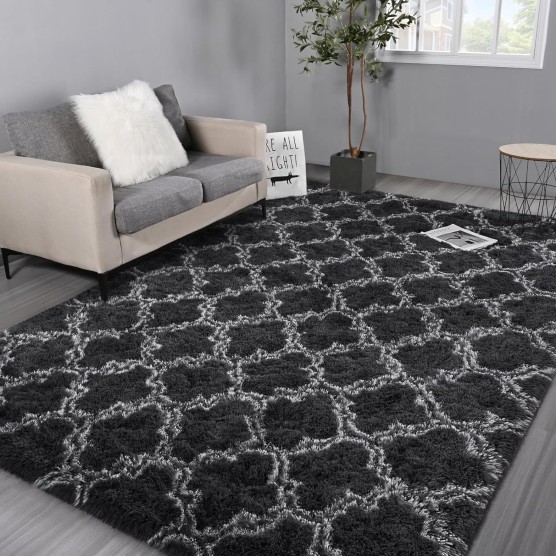 8x10 Shag Large Area Rugs for Living Room, Dark Grey Modern Super Soft Bedroom Carpet, Moroccan Luxury Geometric Plush Fluffy Rug for Kids Nursery Girls Room Indoor Home Decor