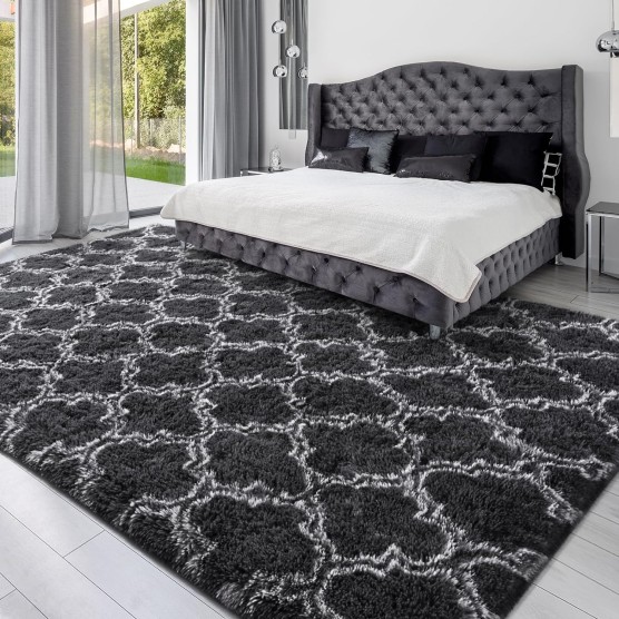 8x10 Shag Large Area Rugs for Living Room, Dark Grey Modern Super Soft Bedroom Carpet, Moroccan Luxury Geometric Plush Fluffy Rug for Kids Nursery Girls Room Indoor Home Decor