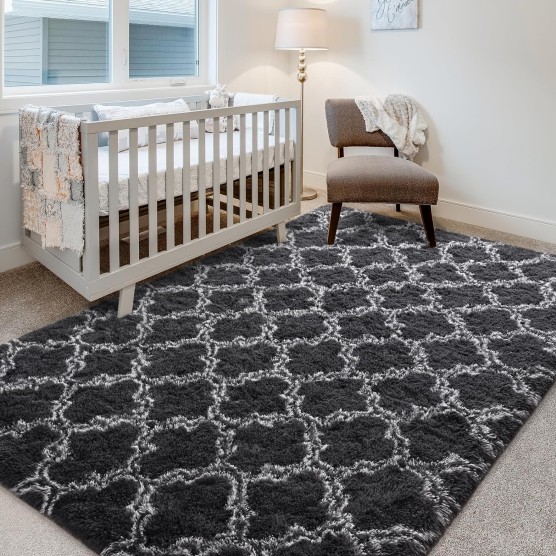 8x10 Shag Large Area Rugs for Living Room, Dark Grey Modern Super Soft Bedroom Carpet, Moroccan Luxury Geometric Plush Fluffy Rug for Kids Nursery Girls Room Indoor Home Decor